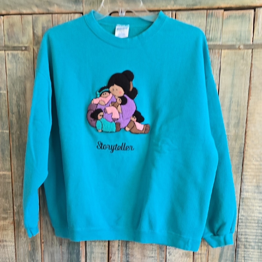 Storyteller Teal Kids Crewneck Sweatshirt - Embroidered Family Design
